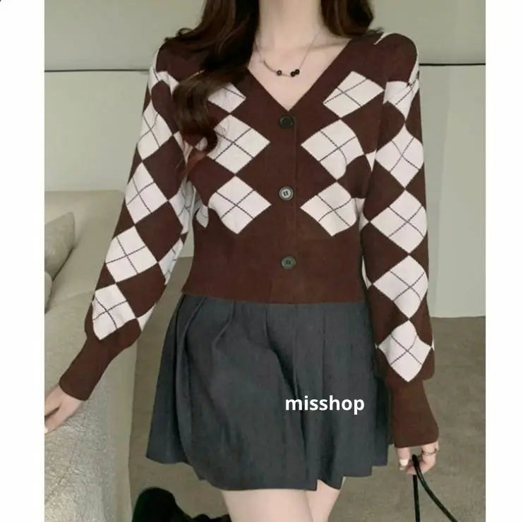 ◇Autumn/Winter Collection◇Argyle pattern knit cardigan retro Korean fashion