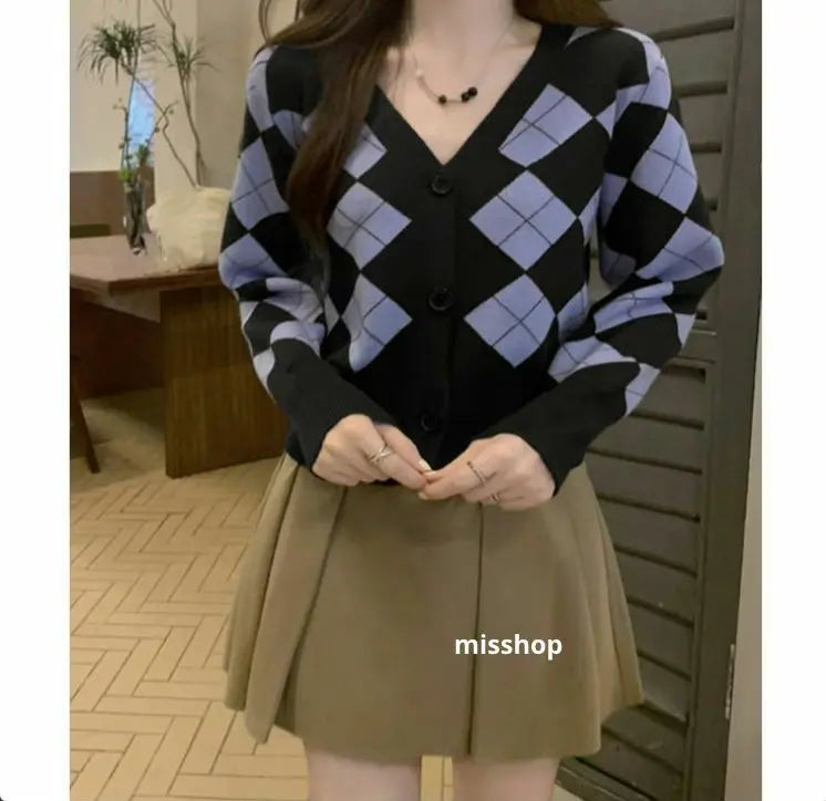 ◇Autumn/Winter Collection◇Argyle pattern knit cardigan retro Korean fashion