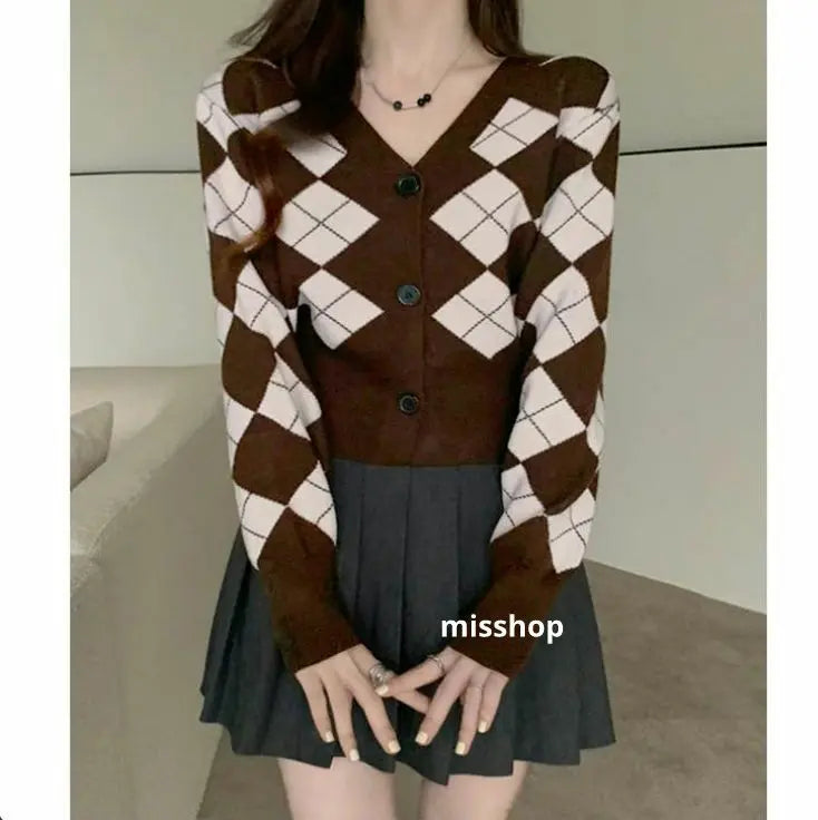 ◇Autumn/Winter Collection◇Argyle pattern knit cardigan retro Korean fashion