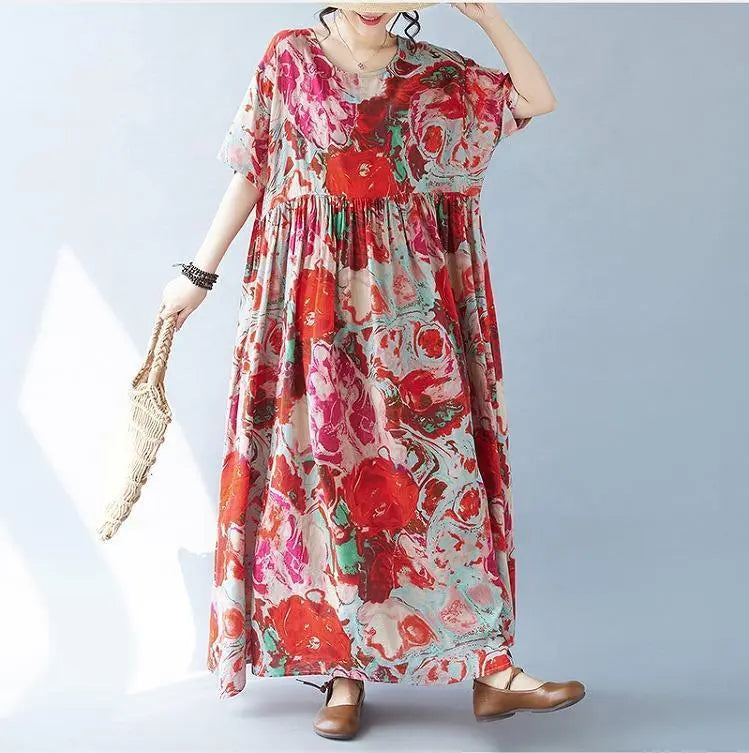 Large size women's long dress, spring/summer, autumn, new, short sleeves, red