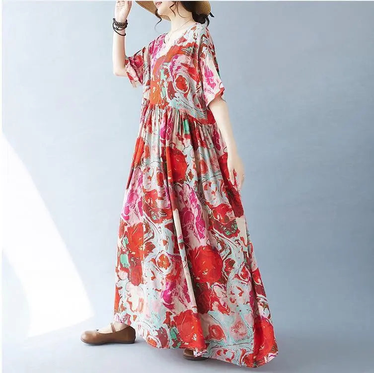 Large size women's long dress, spring/summer, autumn, new, short sleeves, red