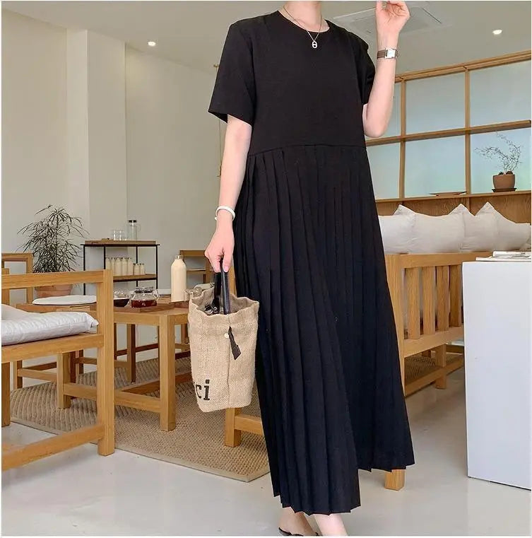 Large size women's dress pleated long spring/summer autumn new short sleeve