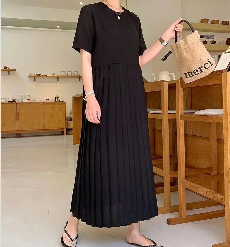 Large size women's dress pleated long spring/summer autumn new short sleeve