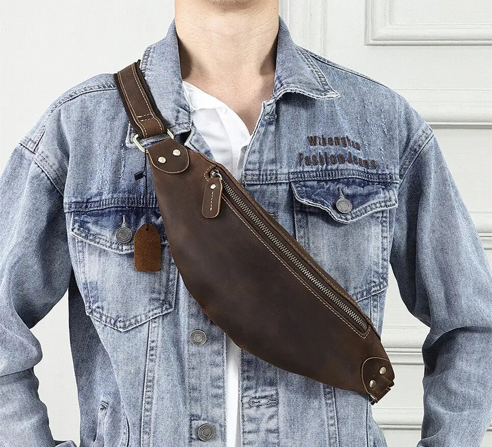 New, New Arrivals, Limited Stock, Natural Cowhide 2-Way Body Waist Bag Dark Brown