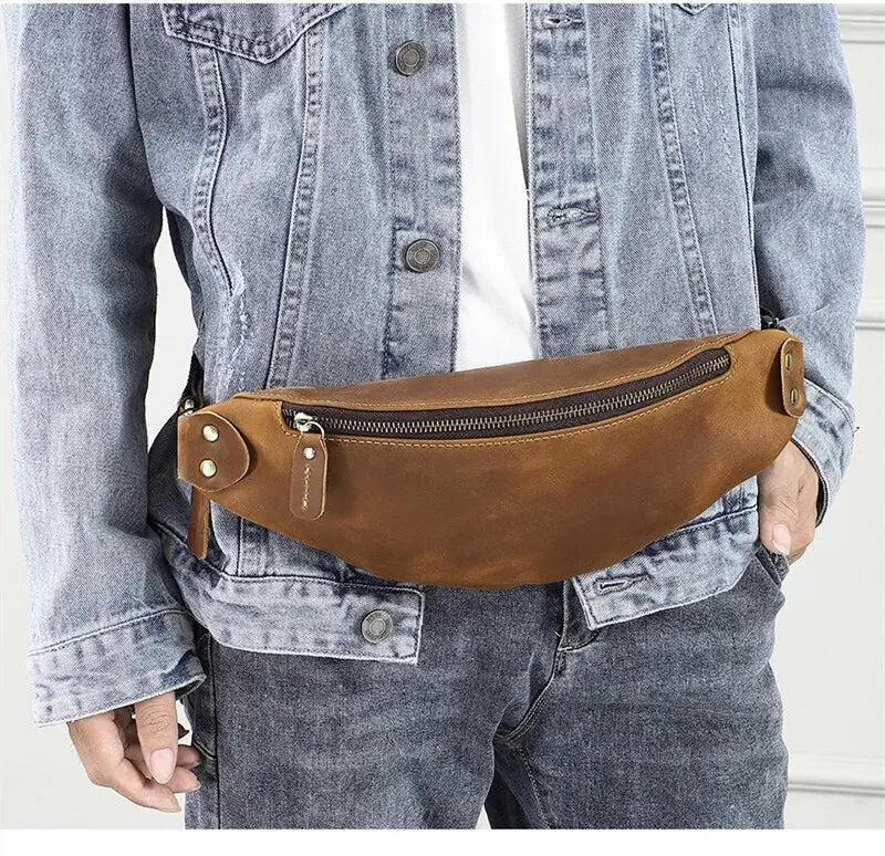 New, New Arrivals, Limited Stock, Natural Cowhide 2-Way Body Waist Bag Dark Brown