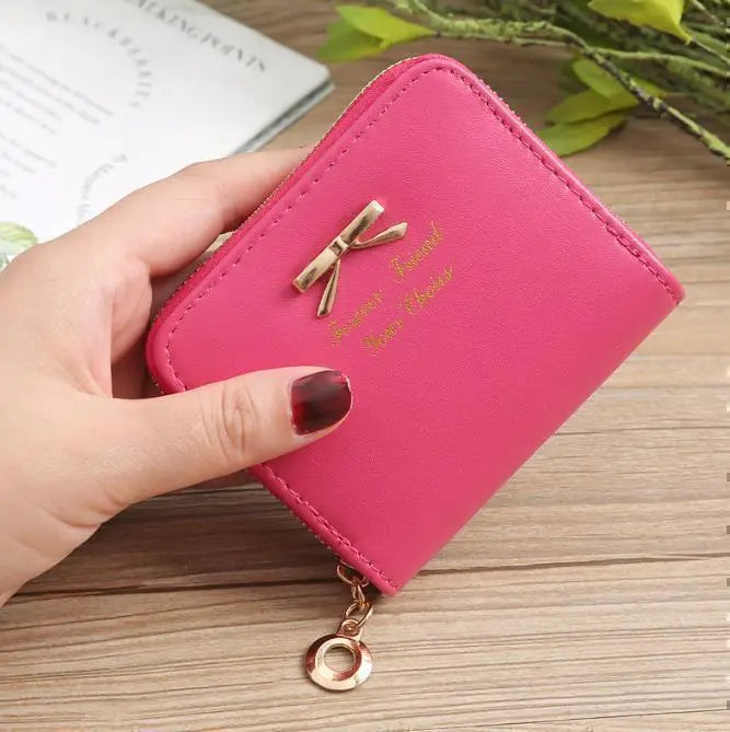 Ribbon Leather Wallet (Pink) Round Zipper Kids Bag Mini Wallet Girl