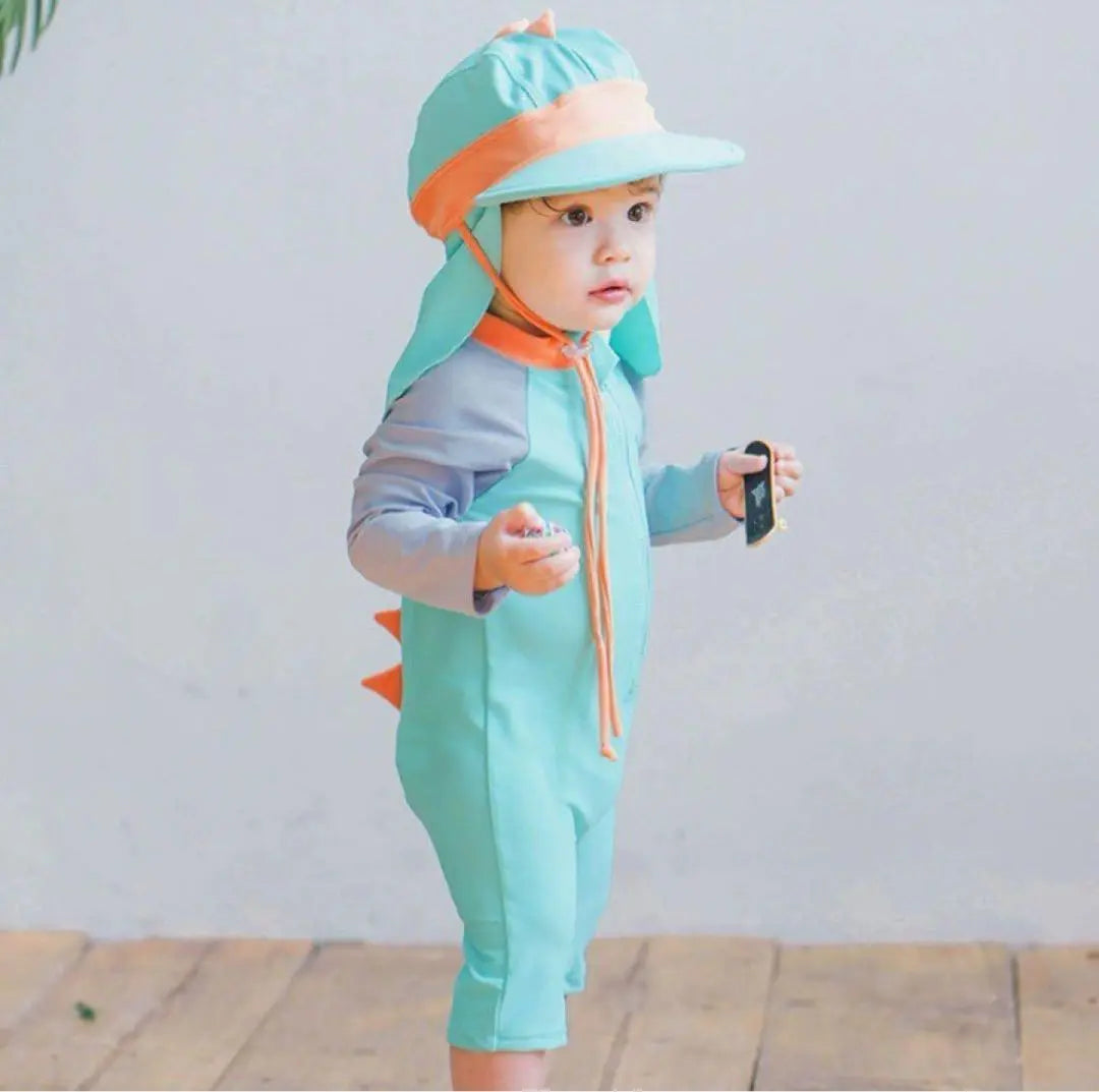 ⭐️Immediate purchase available⭐️Swimsuit dinosaur rash guard tethered romper sunshade hat set