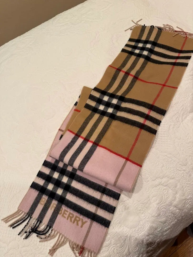 Burberry Cashmere Checkered Scarf Pink Beige