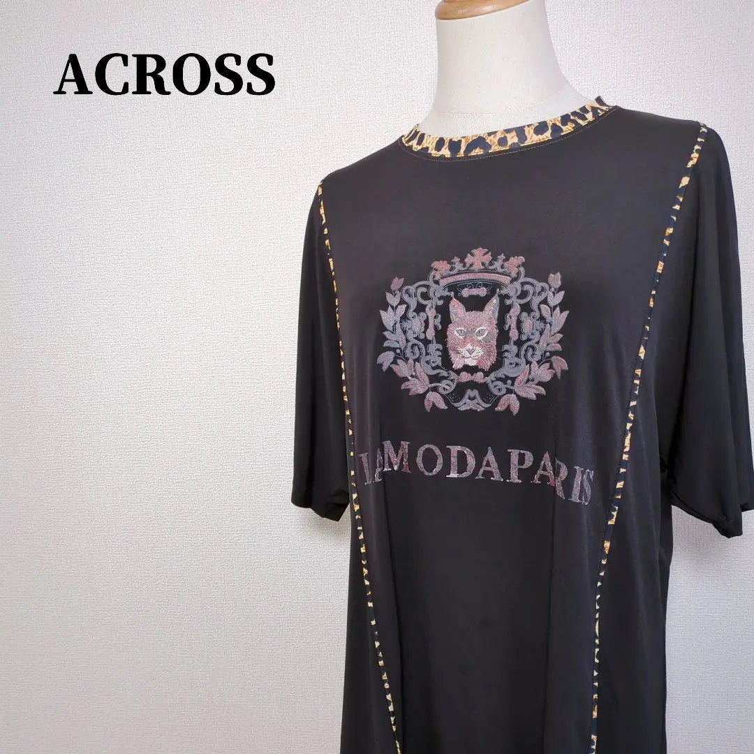 Across Leopard Print & Part Leopard Pattern Crew Neck Tops Black | アクロス　豹プリント＆部分レオパード柄クルーネックトップス　ブラック