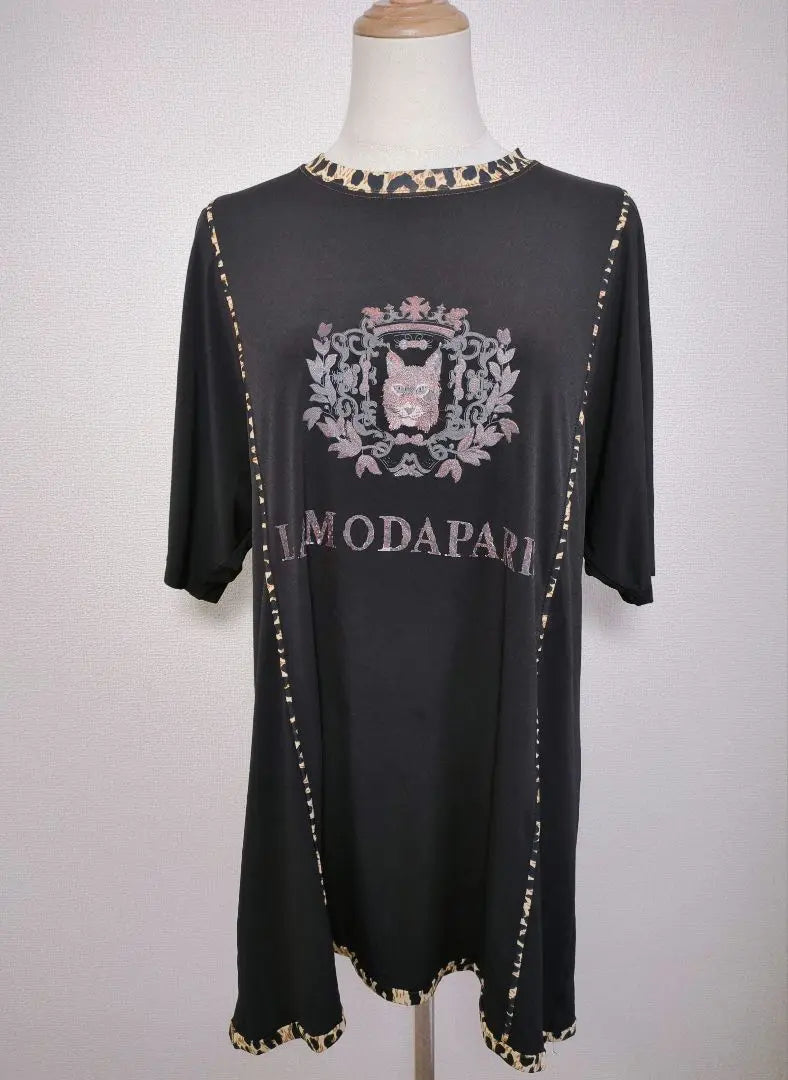 Across Leopard Print & Part Leopard Pattern Crew Neck Tops Black | アクロス　豹プリント＆部分レオパード柄クルーネックトップス　ブラック