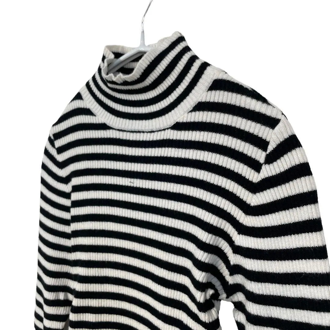 High-neck rib knit top [F] White/Black border flared sleeves