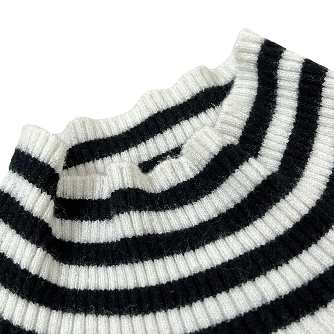 High-neck rib knit top [F] White/Black border flared sleeves