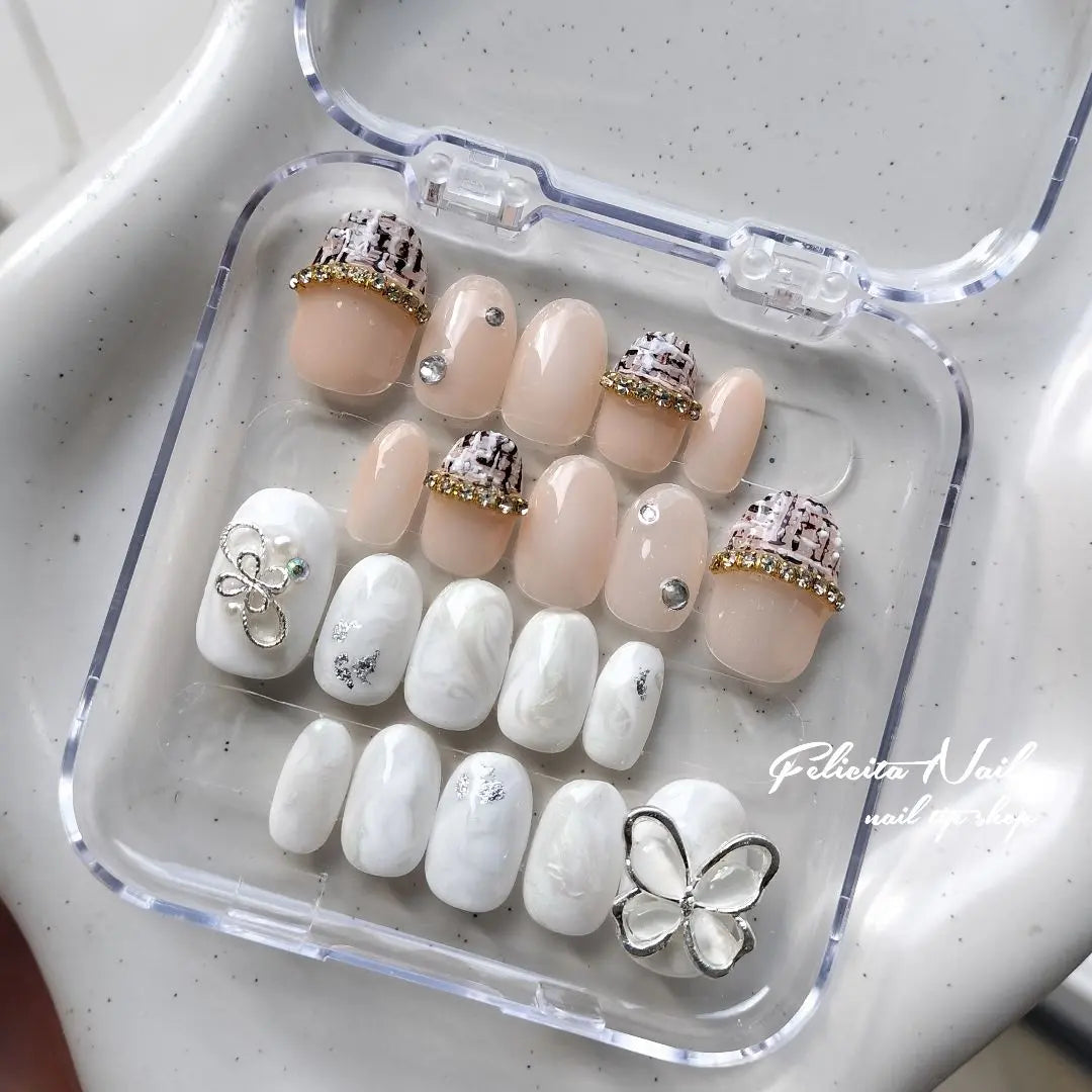 Actual product: Bridal nails, French girly, furisode nails, tweed nails, light color, Korea