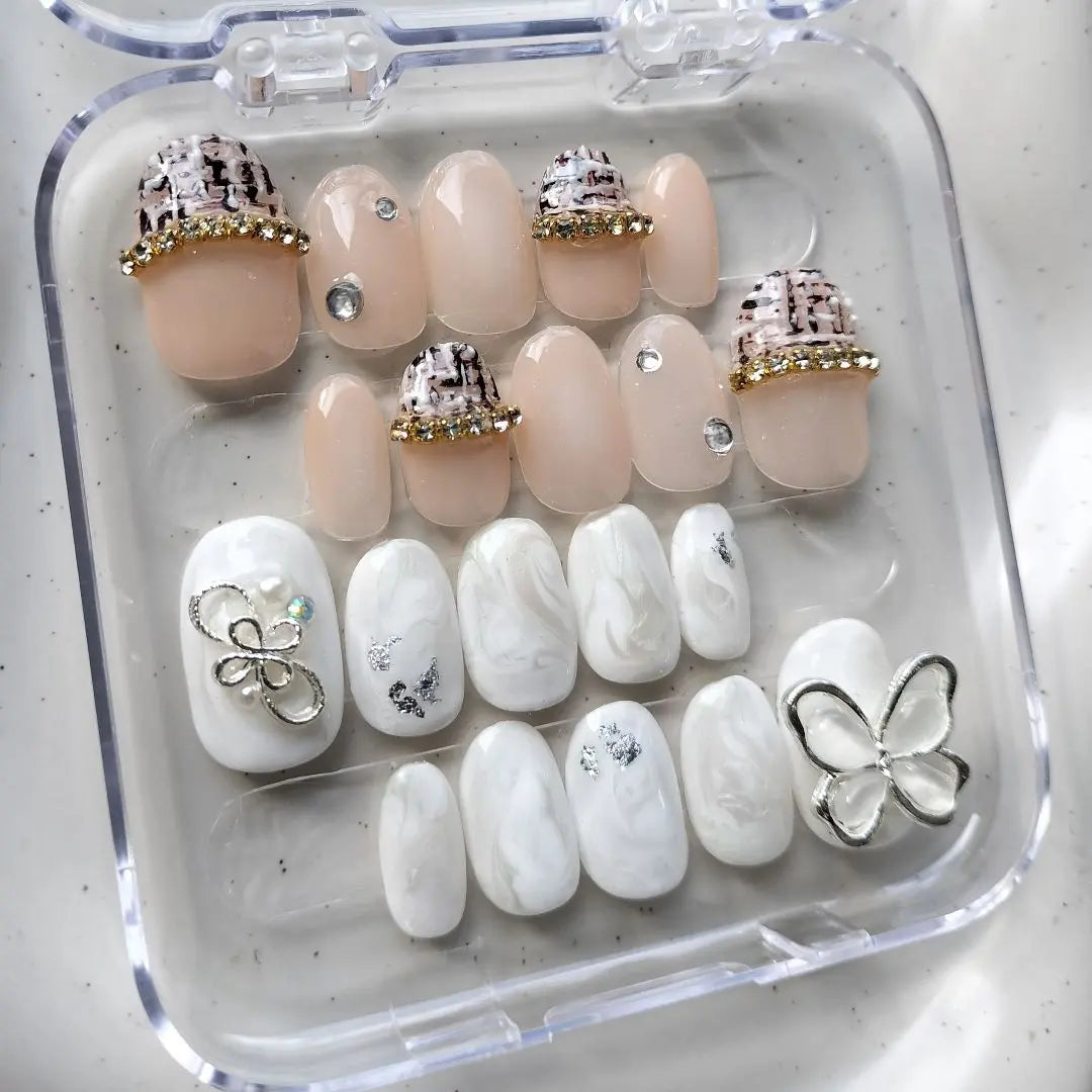 Actual product: Bridal nails, French girly, furisode nails, tweed nails, light color, Korea