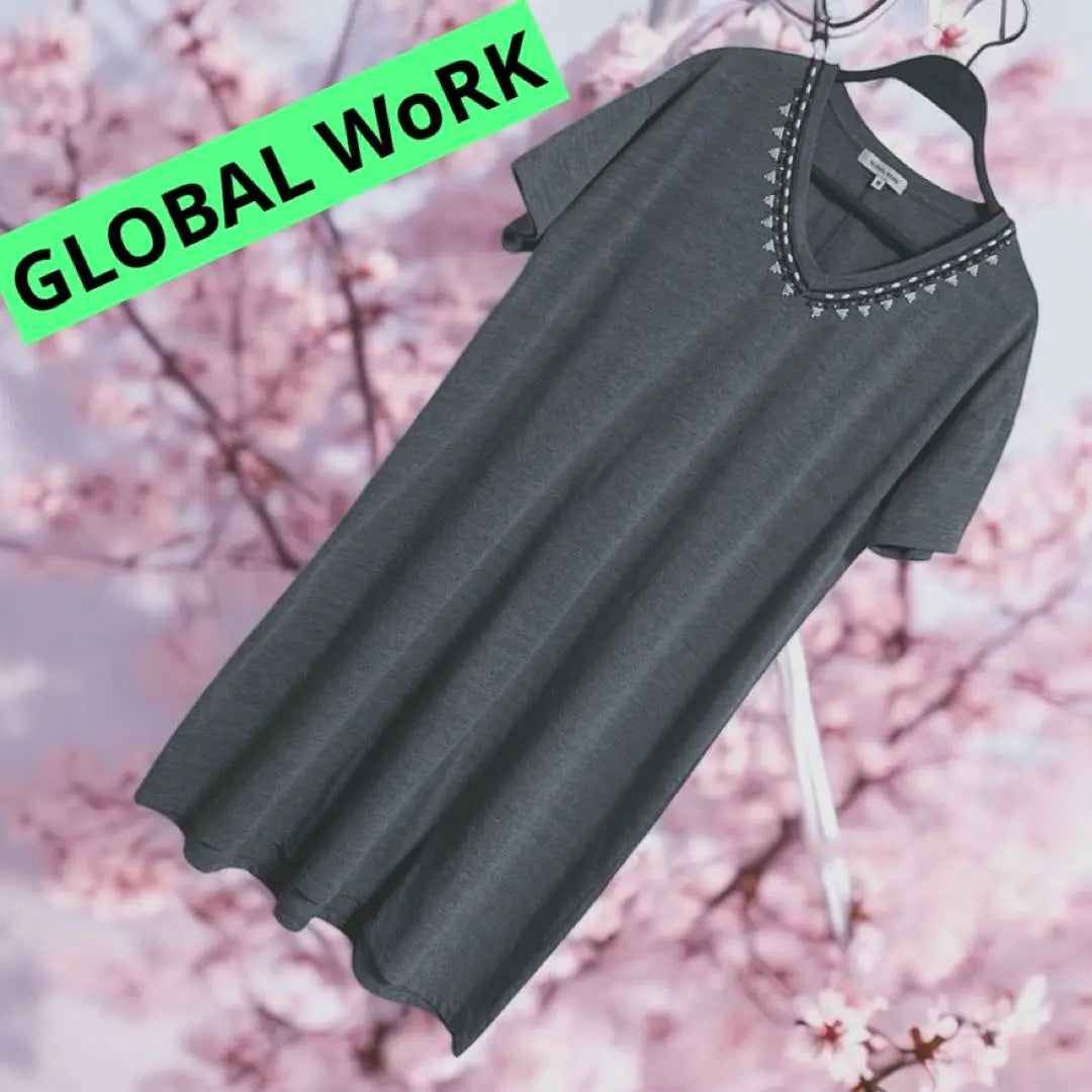 ★GLOBAL WoRK Grey V-neck Short sleeve dress Beads Loose ❣️