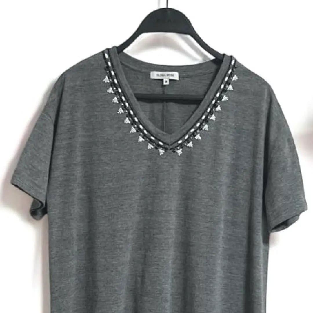 ★GLOBAL WoRK Grey V-neck Short sleeve dress Beads Loose ❣️