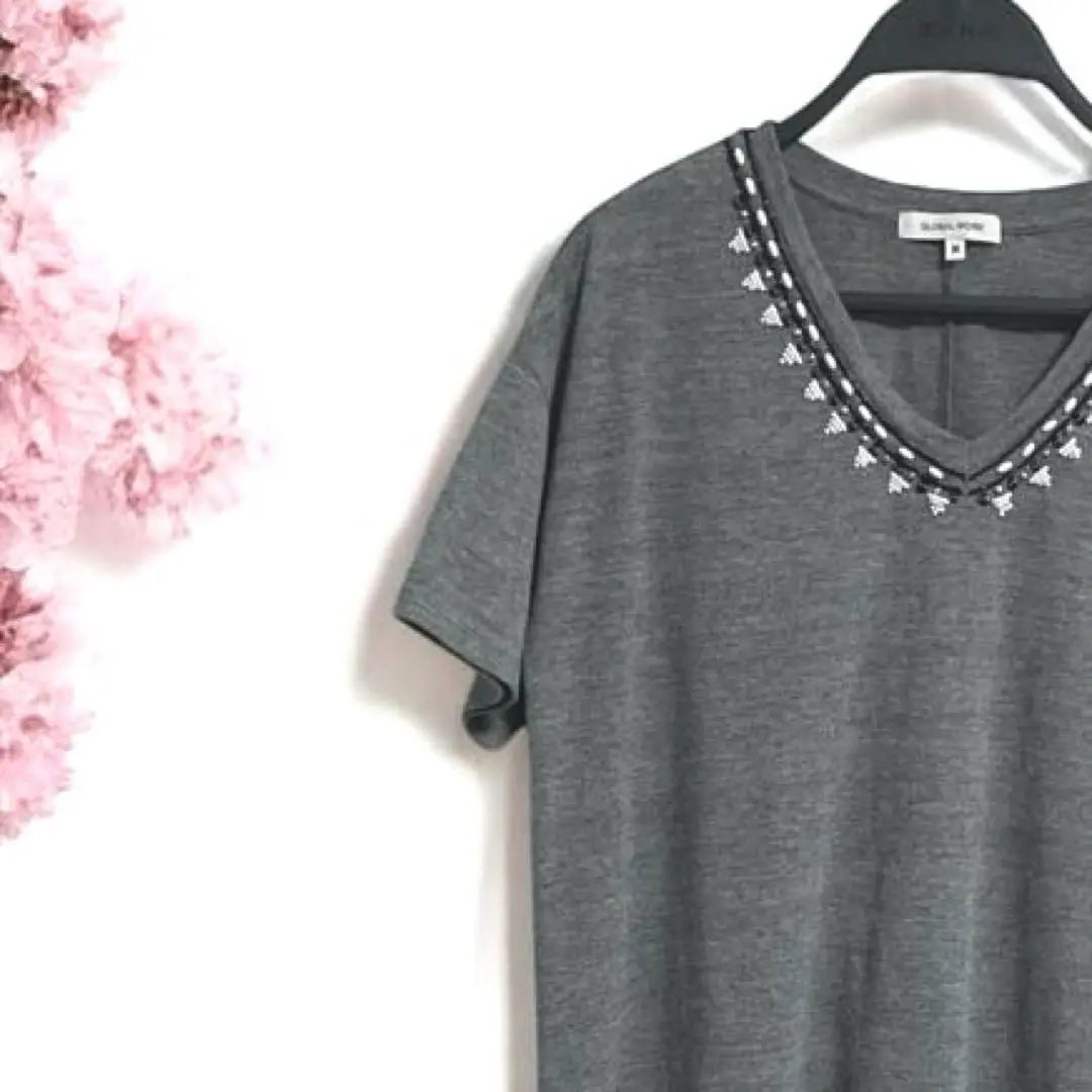 ★GLOBAL WoRK Grey V-neck Short sleeve dress Beads Loose ❣️