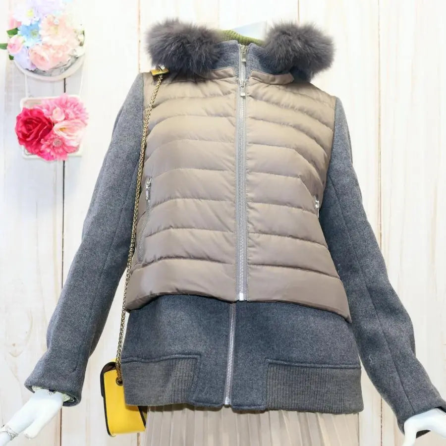 Layered down jacket M double standard closing fox fur