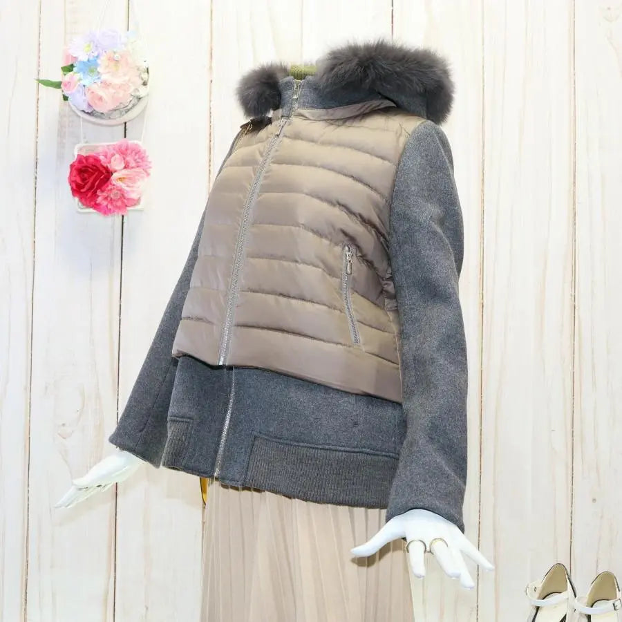 Layered down jacket M double standard closing fox fur