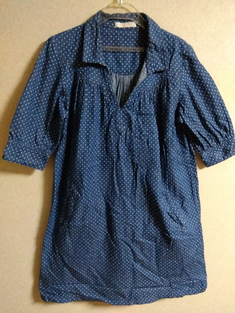 Chocolat Fine Robe Dot Pattern Denim Color Tunic Dress