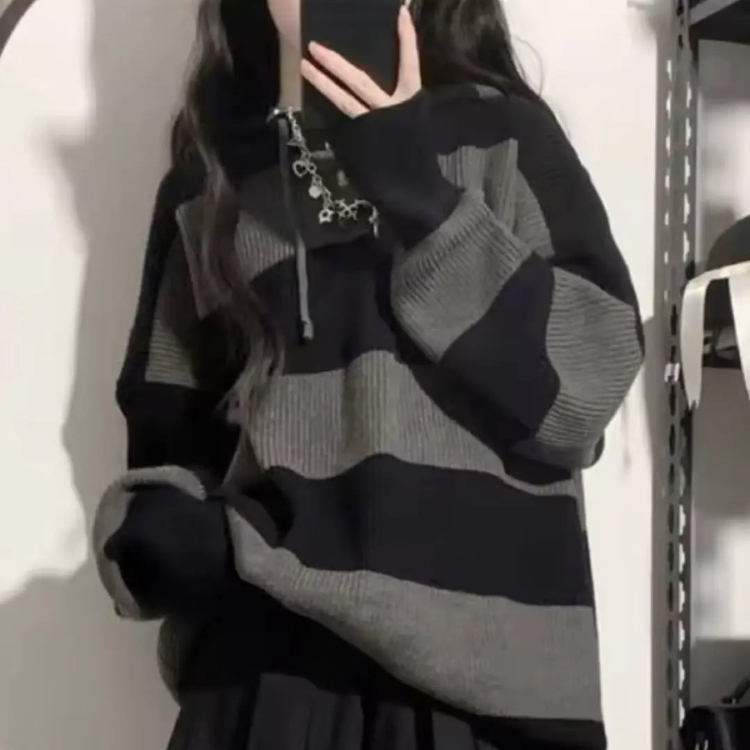 Knit sweater striped hood black x gray y2k korean