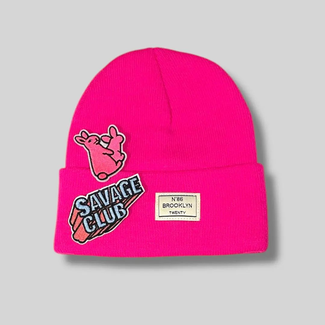 Neon Pink Knit Hat Beanie Hat Rabbit Embroidery