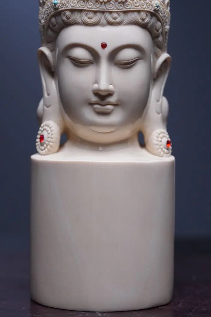 Beautiful natural mammoth fangs handmade sculpture Kannon Buddha head ornament | 天然マンモス牙美しい手作り彫刻 観音仏首 置き物