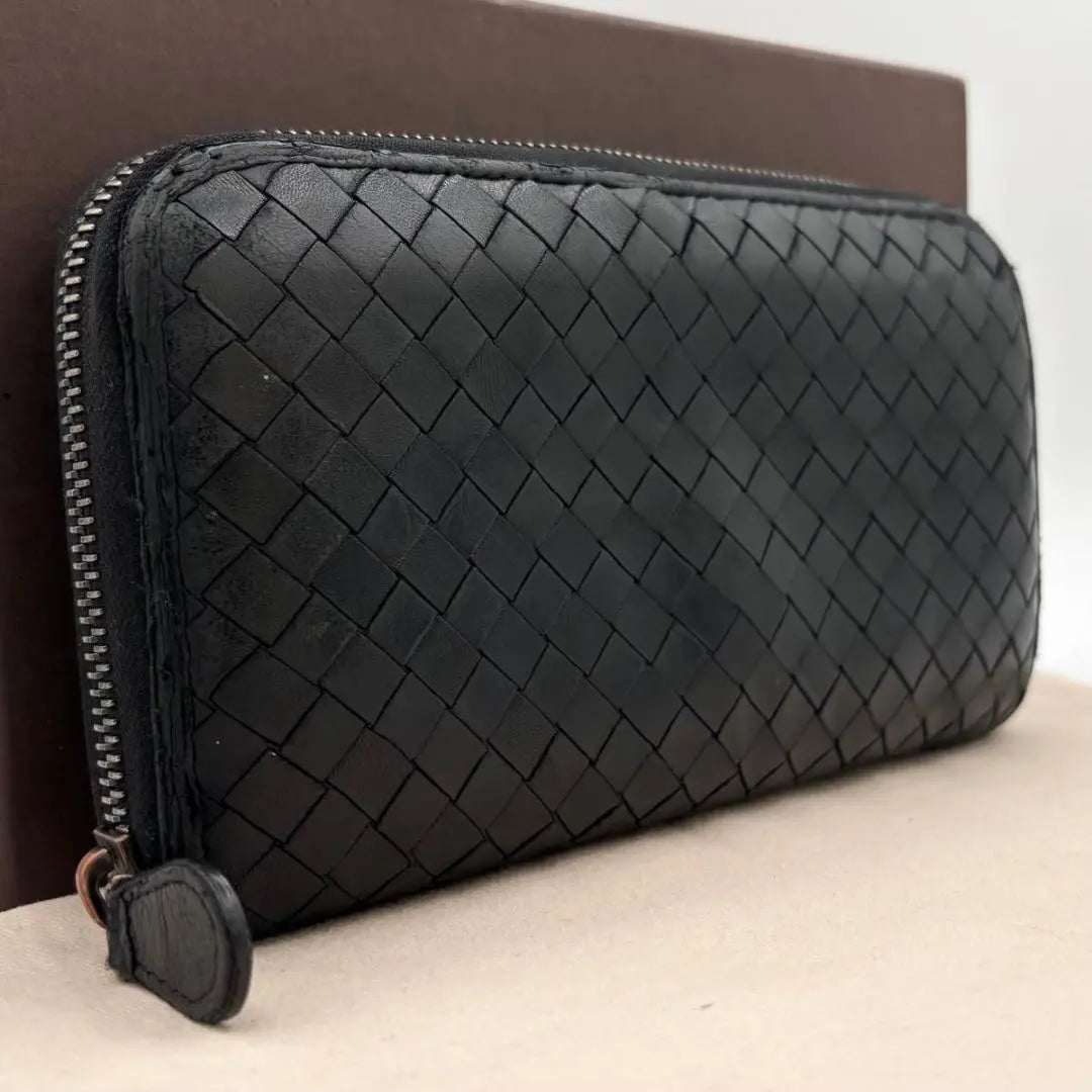 Popular Bottega Veneta Intrecciato Round Zipper Long Wallet Black Leather