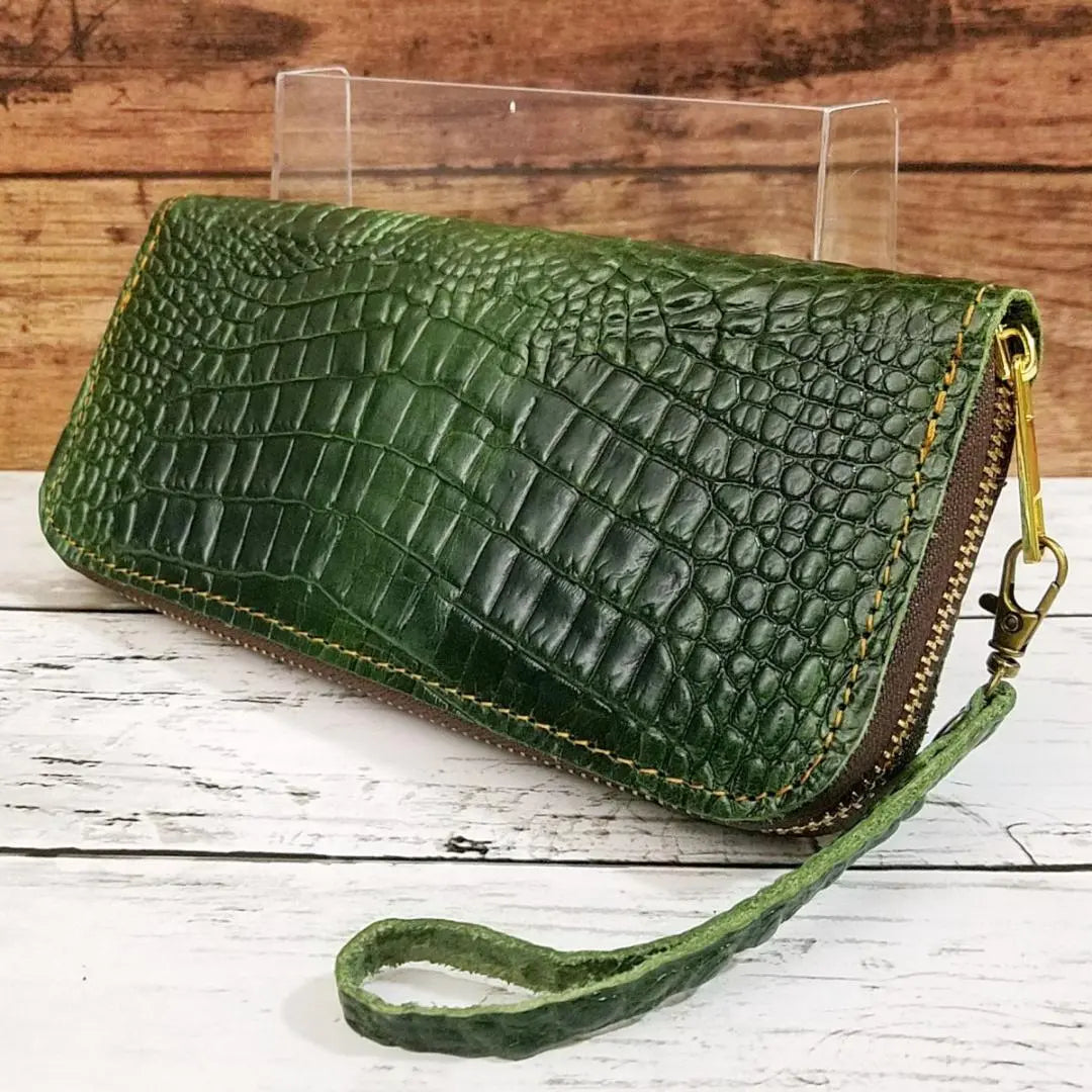 Cowhide Genuine Leather Crocodile Embossed Handmade Men's Long Wallet with Round Zipper GR | 牛革 本革 クロコ型押し　ハンドメイド メンズ長財布 ラウンドファスナー付 GR