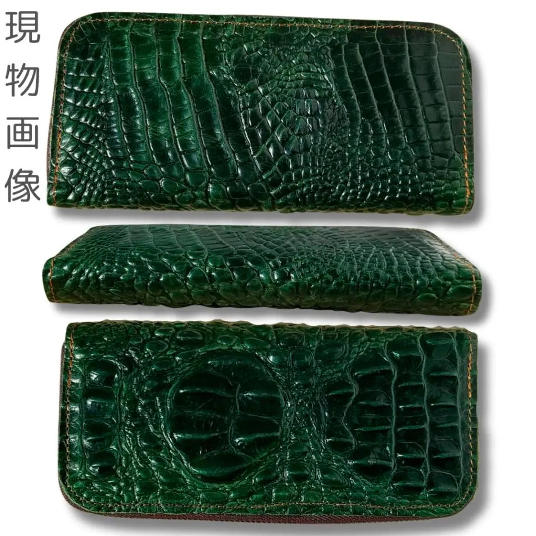 Cowhide Genuine Leather Crocodile Embossed Handmade Men's Long Wallet with Round Zipper GR | 牛革 本革 クロコ型押し　ハンドメイド メンズ長財布 ラウンドファスナー付 GR