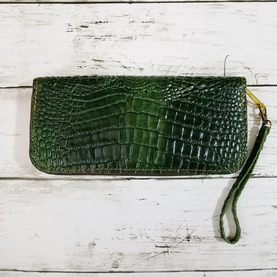 Cowhide Genuine Leather Crocodile Embossed Handmade Men's Long Wallet with Round Zipper GR | 牛革 本革 クロコ型押し　ハンドメイド メンズ長財布 ラウンドファスナー付 GR