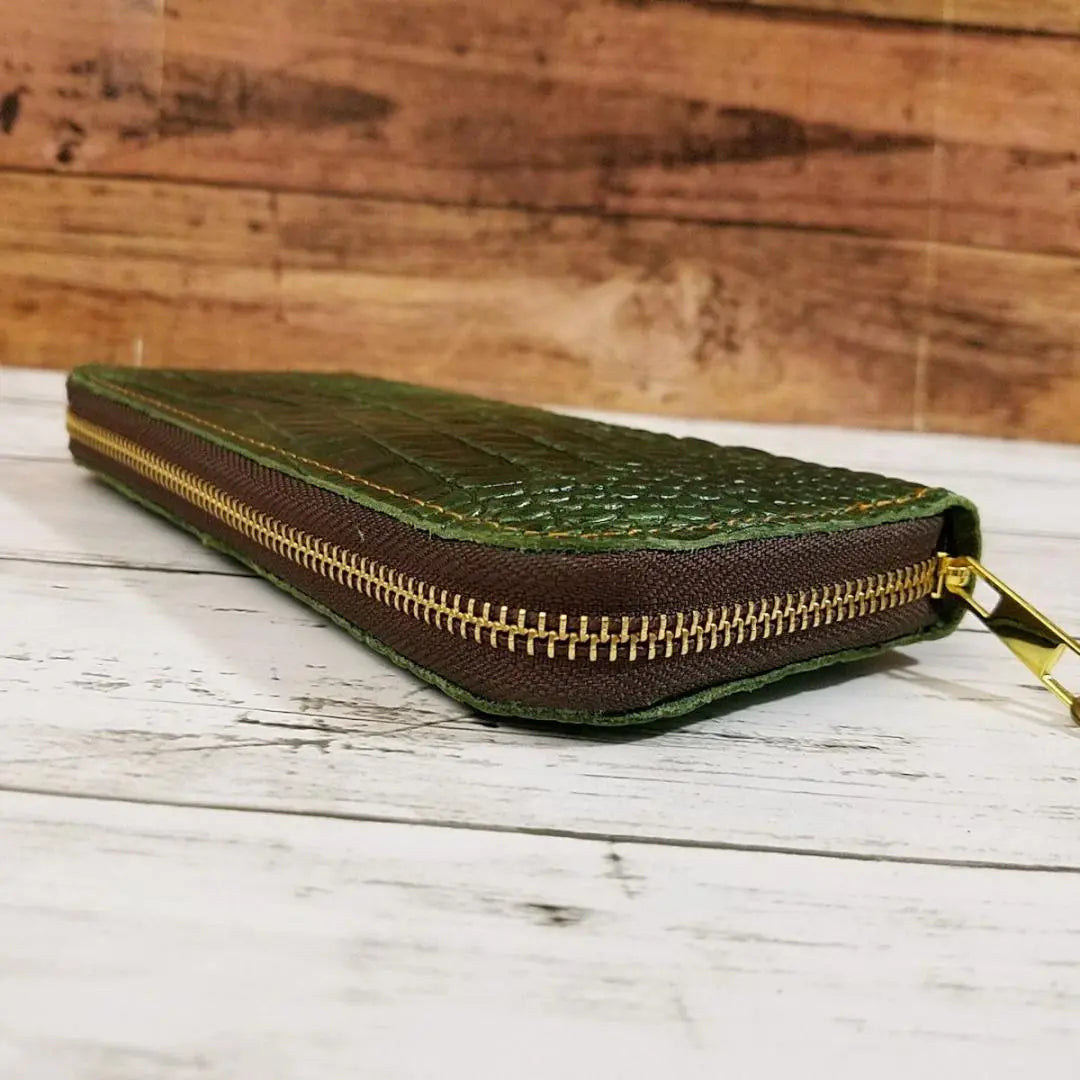 Cowhide Genuine Leather Crocodile Embossed Handmade Men's Long Wallet with Round Zipper GR | 牛革 本革 クロコ型押し　ハンドメイド メンズ長財布 ラウンドファスナー付 GR