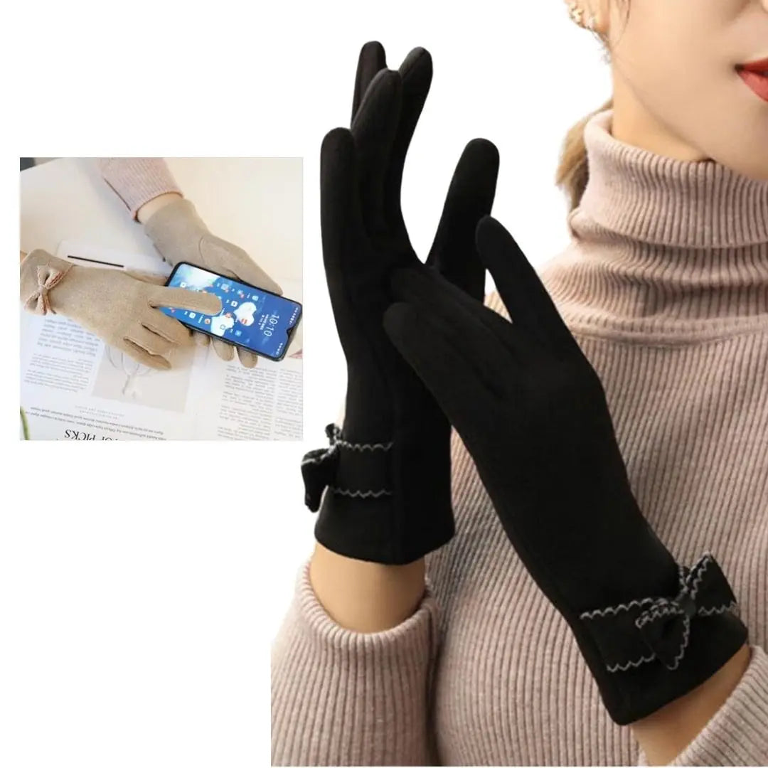 Ribbon gloves for women, smartphone compatible, fleece lining, school, commuting, washable, birthday