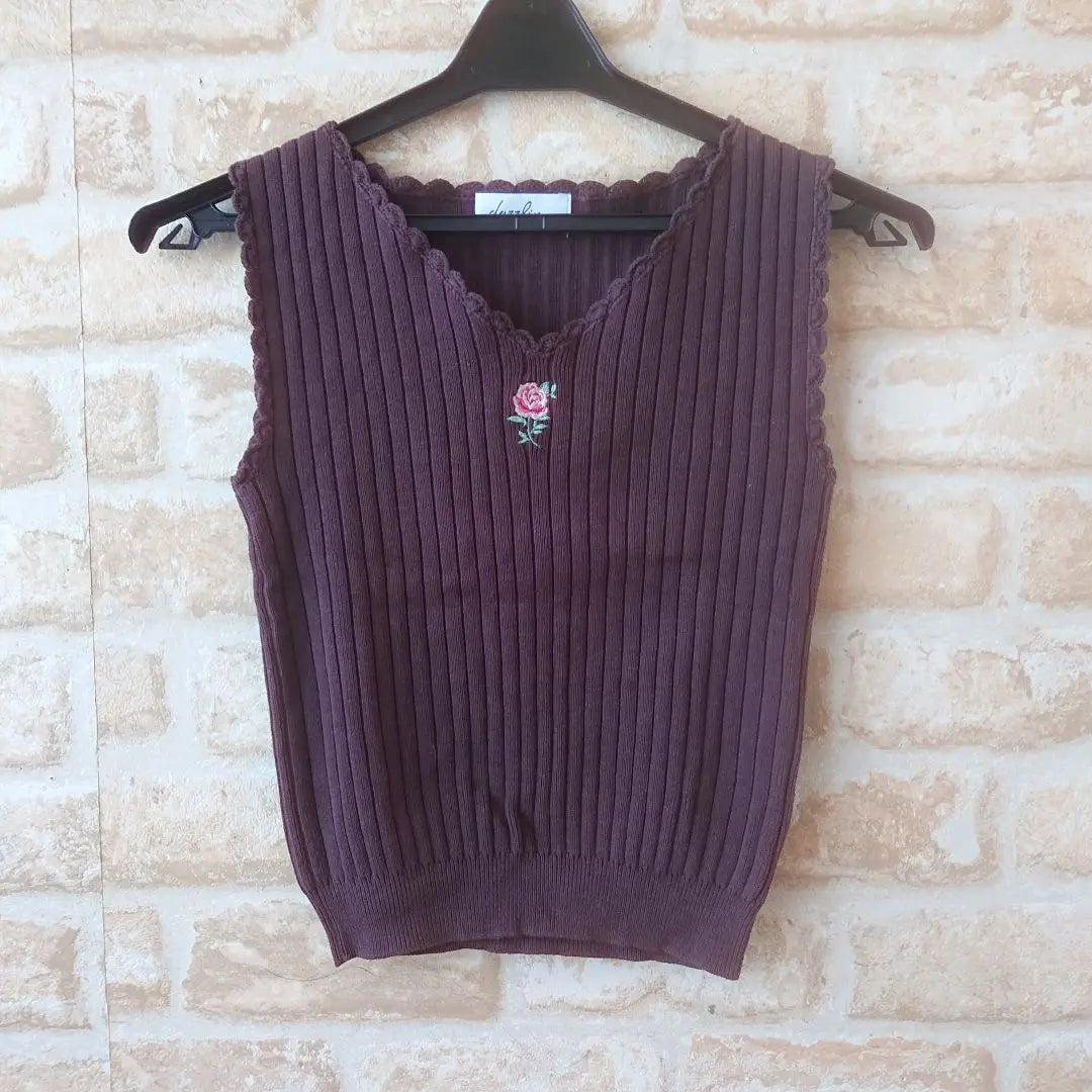 ★dazzlin★Used★Simple rose embroidery sleeveless tops★Brown★F