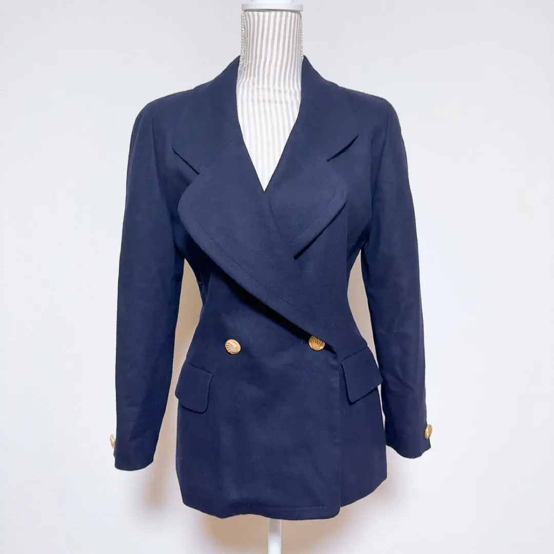 [Vintage] Gold button double jacket (7) Retro navy blue, cashmere blend