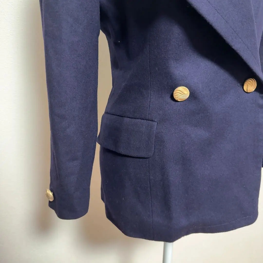 [Vintage] Gold button double jacket (7) Retro navy blue, cashmere blend