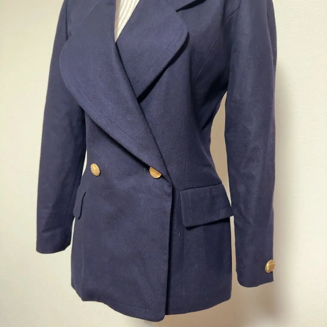 [Vintage] Gold button double jacket (7) Retro navy blue, cashmere blend