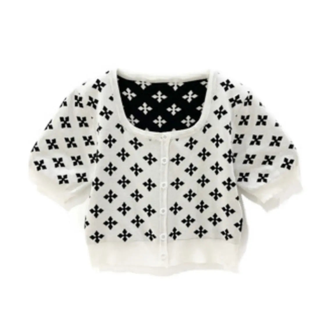 GRL Cross Pattern Square Neck Short Length Knit Cardigan