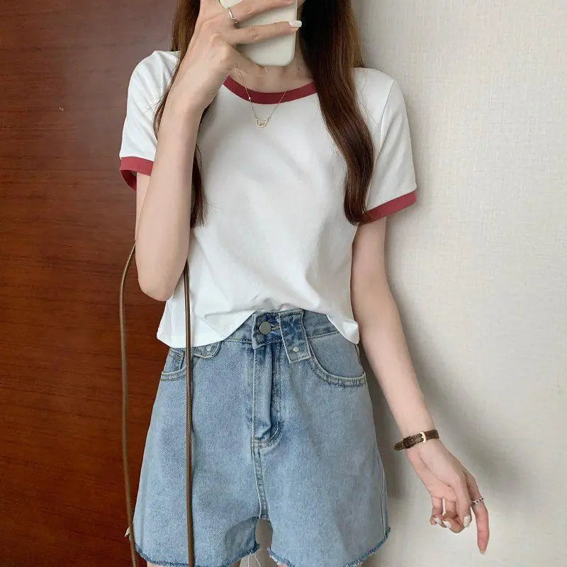 T-shirt M White T White Red Bicolor Ringer shirt Short length Navel