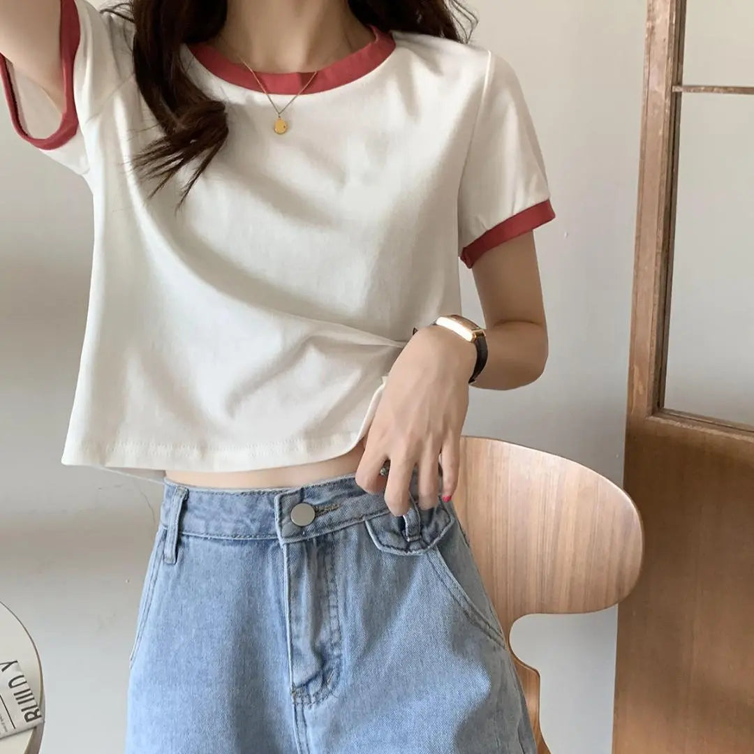 T-shirt M White T White Red Bicolor Ringer shirt Short length Navel