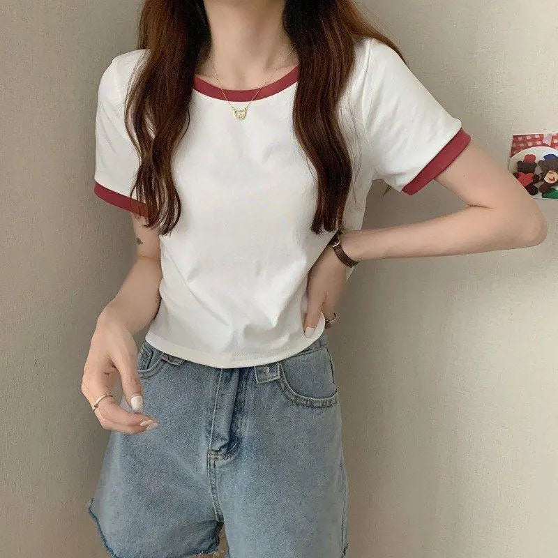 T-shirt M White T White Red Bicolor Ringer shirt Short length Navel