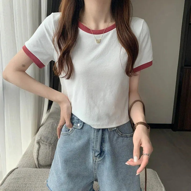 T-shirt M White T White Red Bicolor Ringer shirt Short length Navel