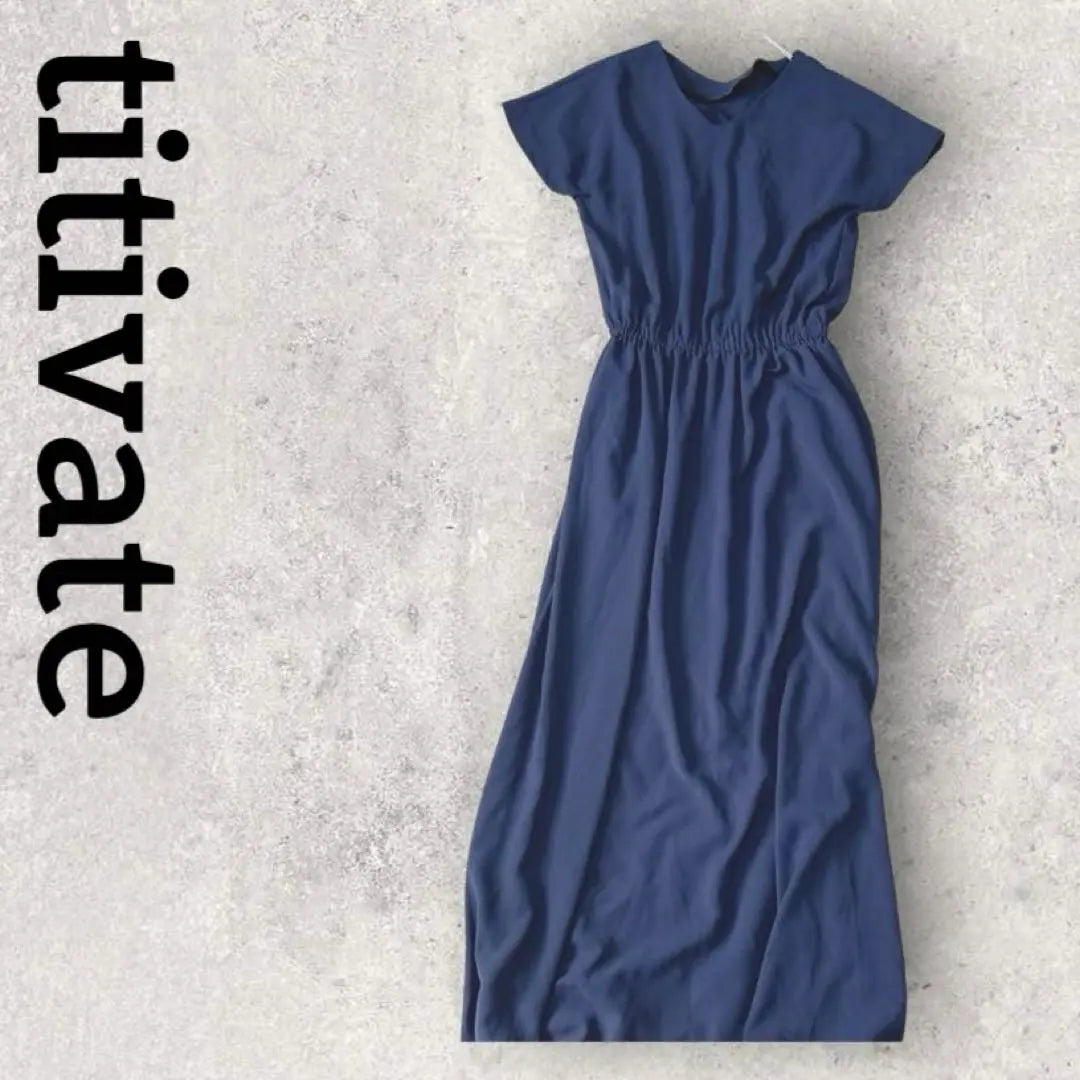 titivate short sleeve long flared dress (S) navy simple plain