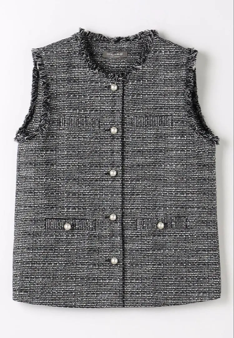 Lamé tweed faux pearl button vest