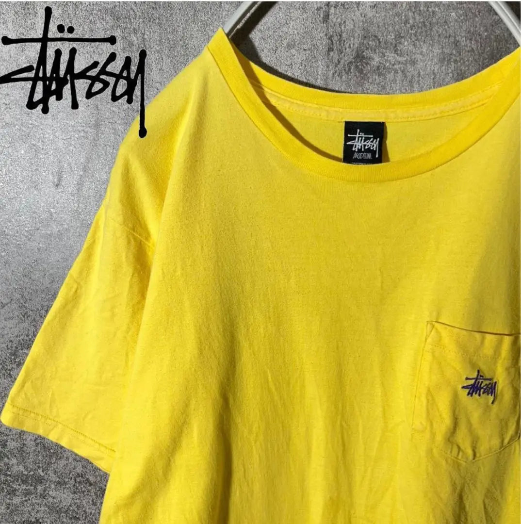 [Very popular] Stussy Pocket T-shirt Yellow Simple Purple Embroidered Stock Logo