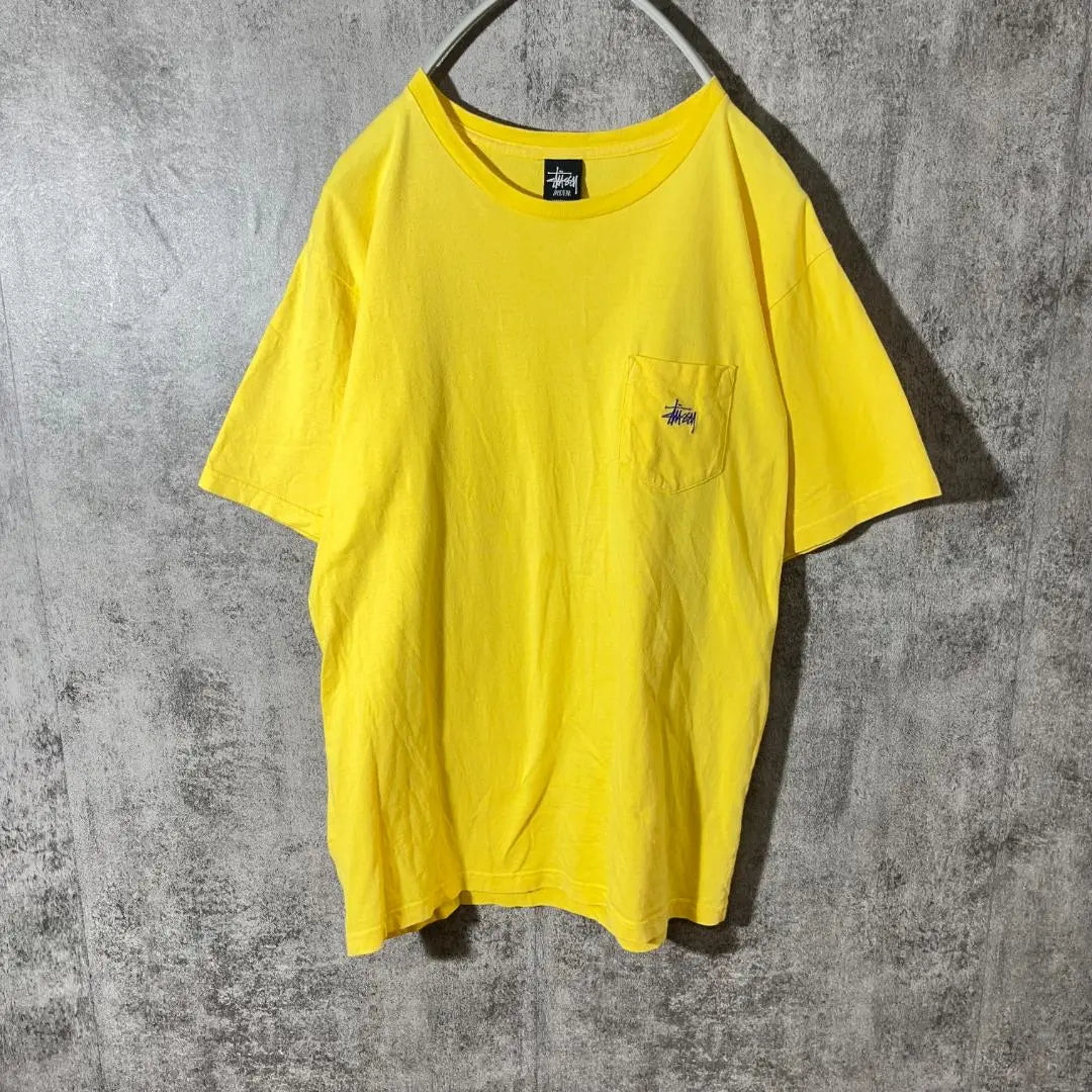 [Very popular] Stussy Pocket T-shirt Yellow Simple Purple Embroidered Stock Logo