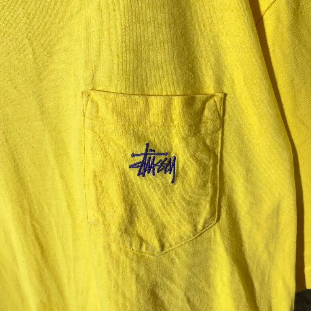 [Very popular] Stussy Pocket T-shirt Yellow Simple Purple Embroidered Stock Logo