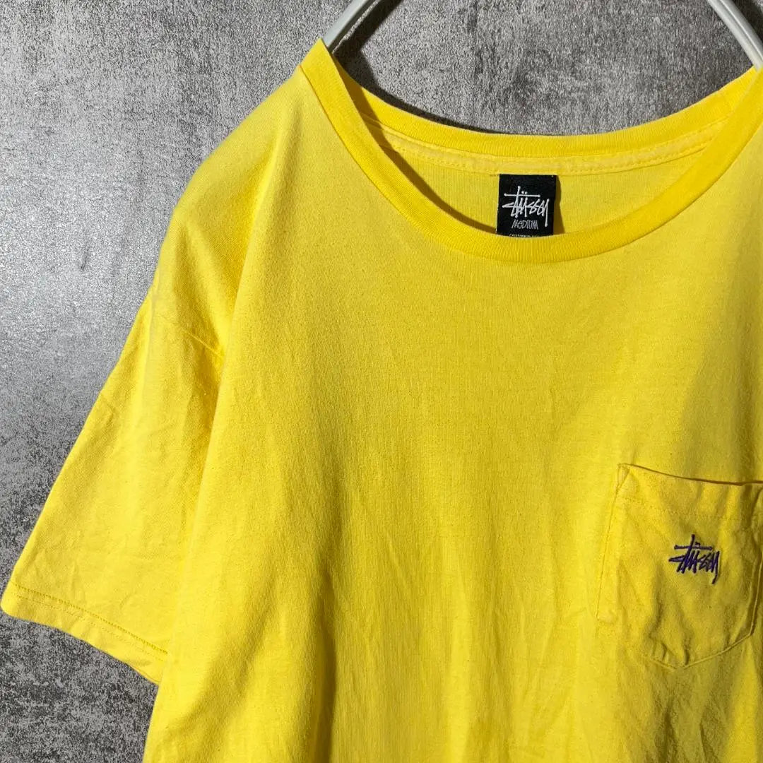 [Very popular] Stussy Pocket T-shirt Yellow Simple Purple Embroidered Stock Logo