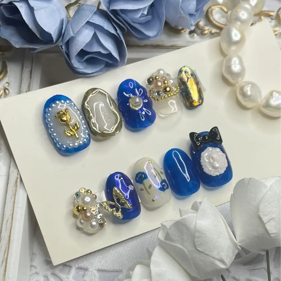 Size order ♡ Antique cameo x rose nail chip blue | サイズオーダー♡ アンティークカメオ×薔薇ネイルチップ　ブルー