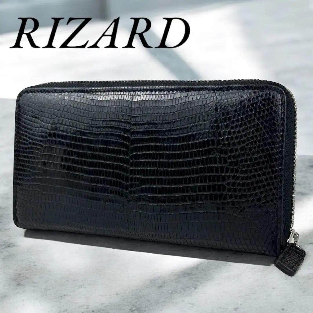 Lizard Lizard Leather Long Wallet Round Zip Glossy Real Leather Black